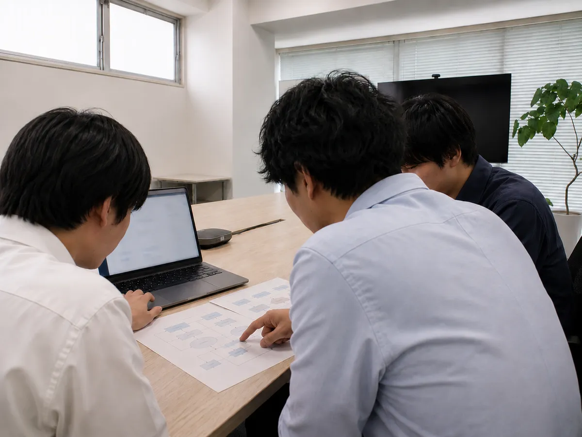 資料を囲んで近い距離で相談し合うアクテックのメンバー