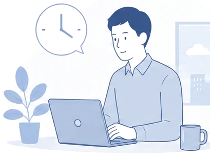 休暇・働き方のイメージ（時計とノートPCで働く様子）