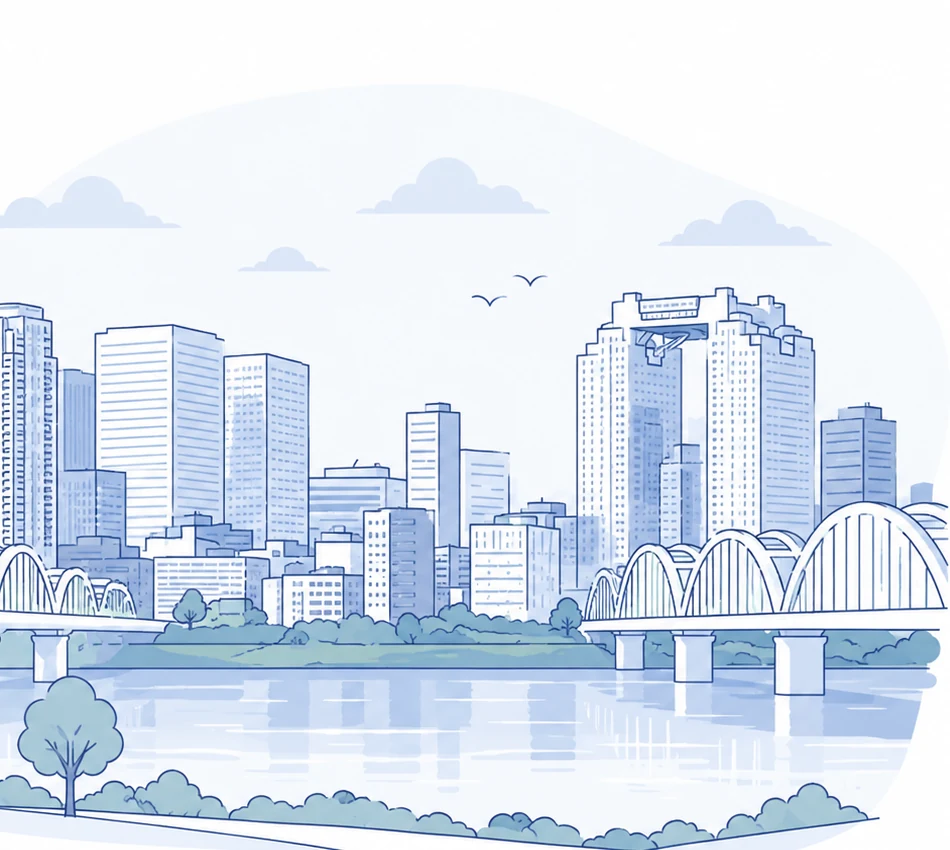 大阪・梅田のスカイラインの線画イラスト（ビル群・川・橋）